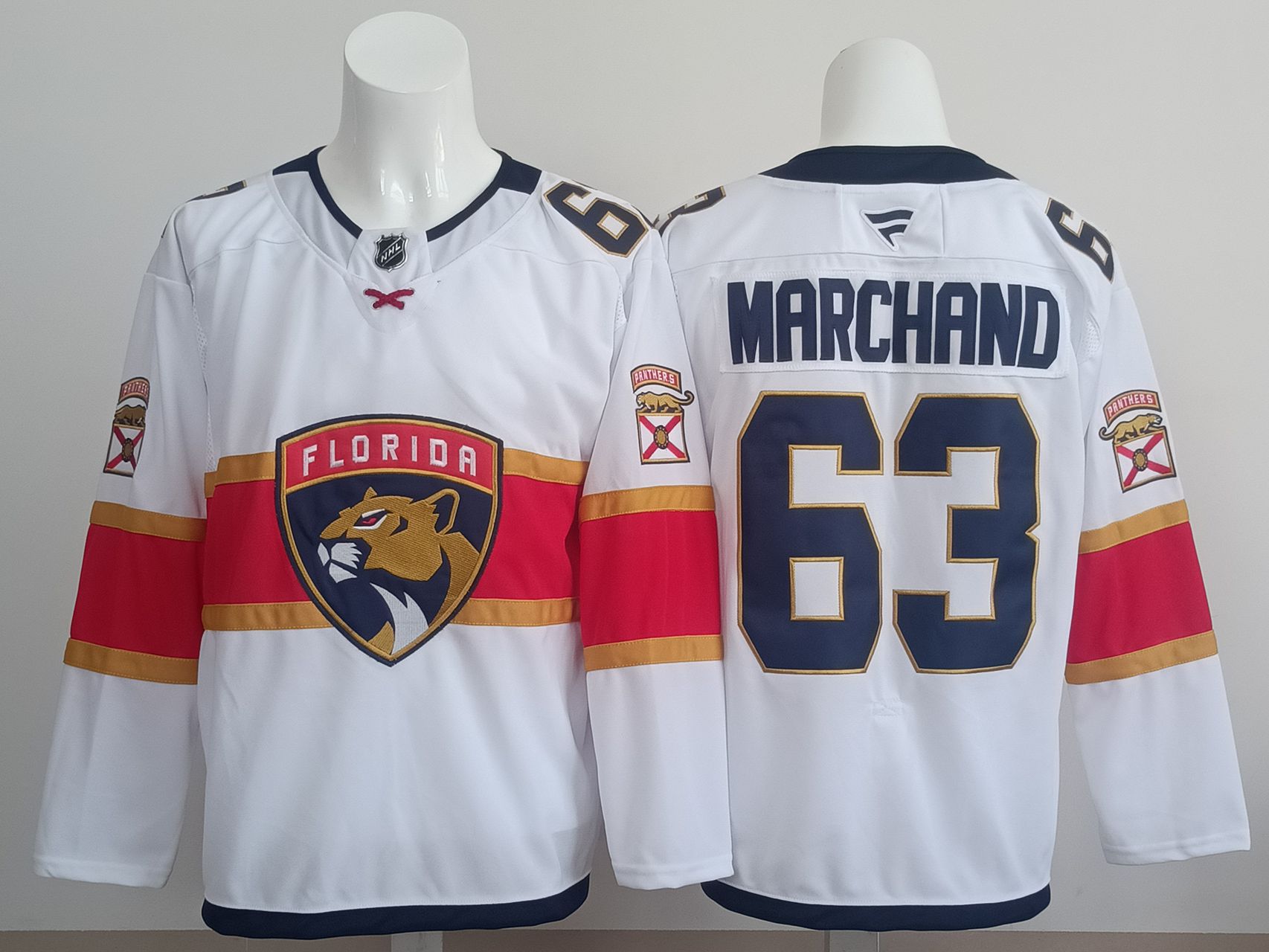 Men 2025 Florida Panthers #63 Marchand White Fanatics Home Premium NHL Jersey style 4